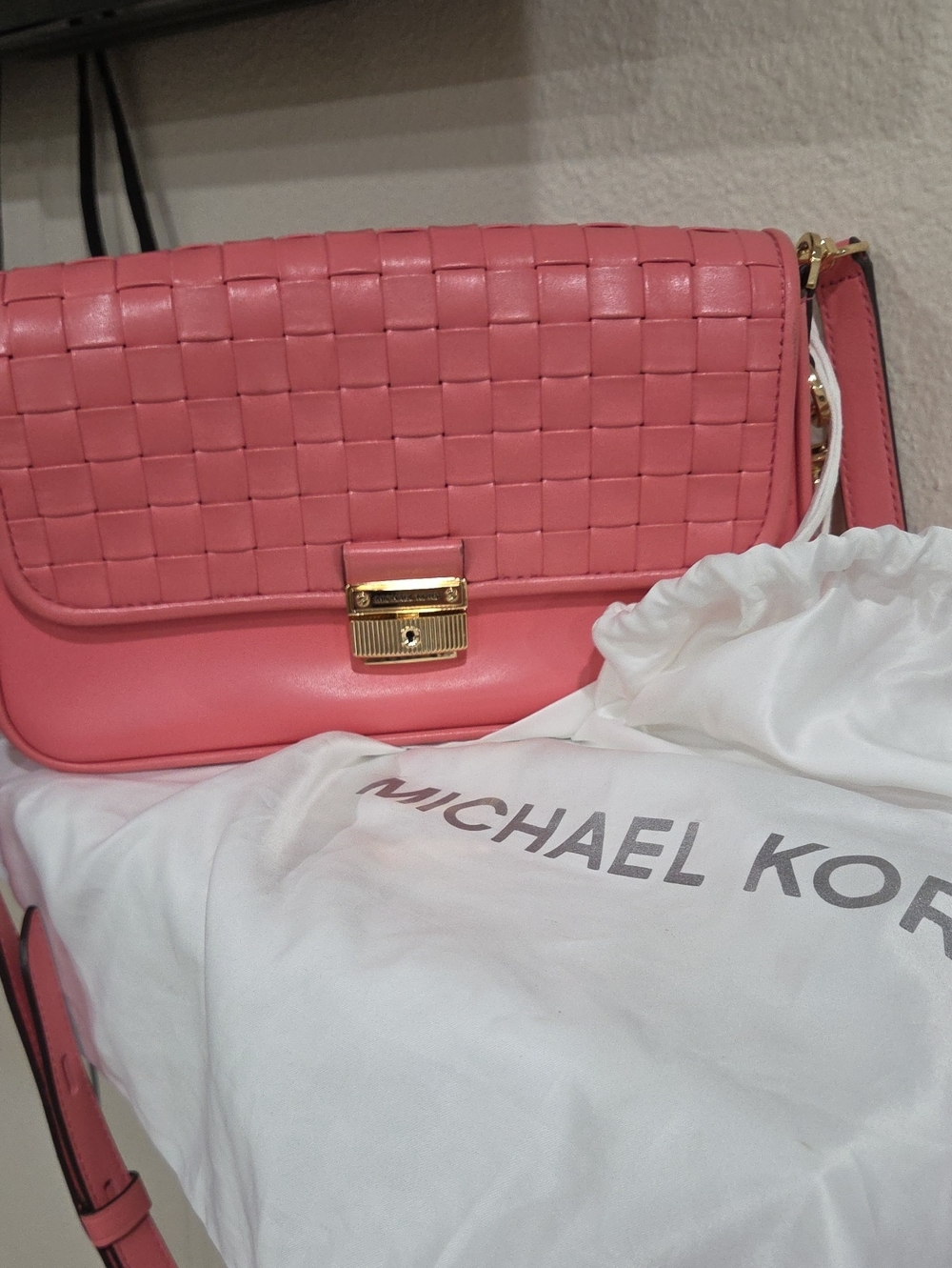 Michael Kors Special Edition Bradshaw Pink Woven Flap Crossbody with Gold Lock